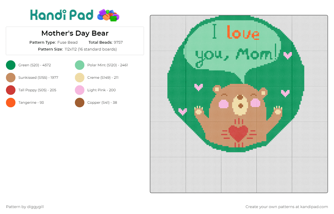 Mother\'s Day Bear - Fuse Bead Pattern by diggygill on Kandi Pad - mom,mothers day,bear,love,hug,text,cute,green,tan