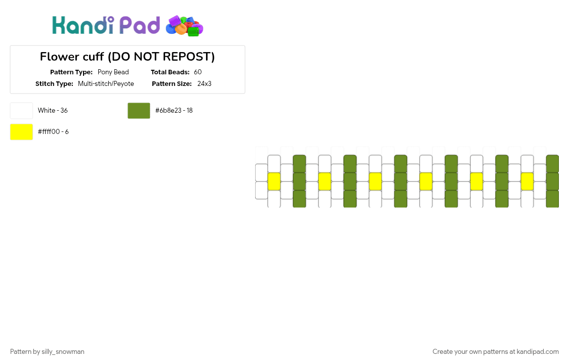 Flower cuff (DO NOT REPOST) - Pony Bead Pattern by silly_snowman on Kandi Pad - cottagecore, cute, fairycore, flower, flower cuff, green, white