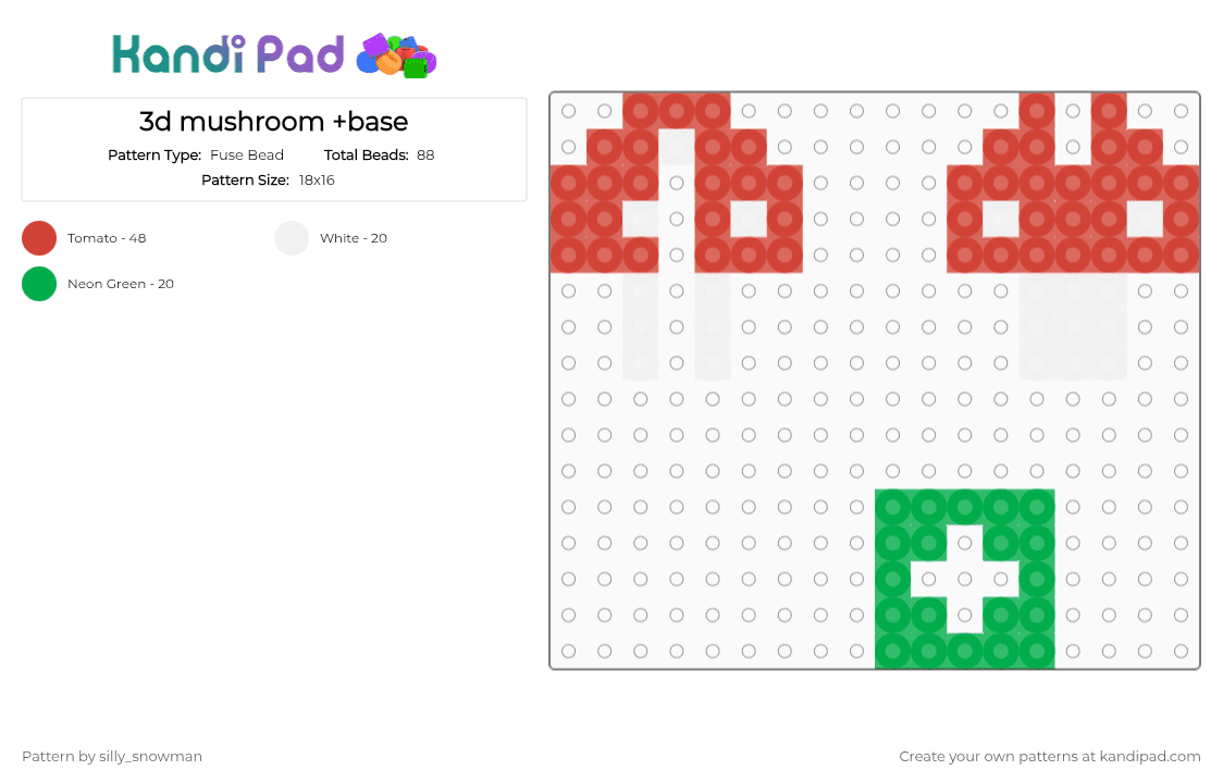3d mushroom +base - Fuse Bead Pattern by silly_snowman on Kandi Pad - green, red