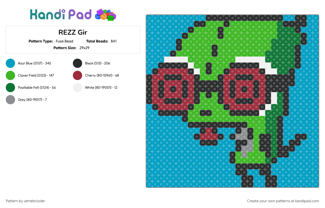 REZZ Gir - Fuse Bead Pattern by vertebrizzler on Kandi Pad - green, light blue