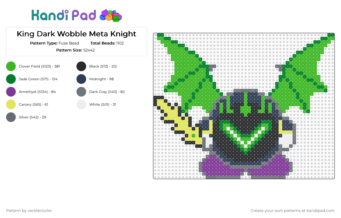 King Dark Wobble Meta Knight - Fuse Bead Pattern by vertebrizzler on Kandi Pad - meta knight,dark wobble,mr wobble,gwn,ganja white night,mashup,music,green