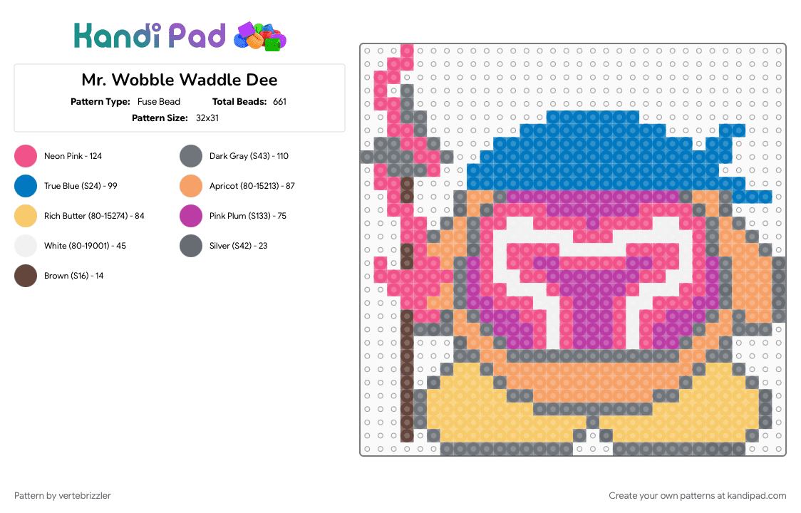 Mr. Wobble Waddle Dee - Fuse Bead Pattern by vertebrizzler on Kandi Pad - blue, gray, pink