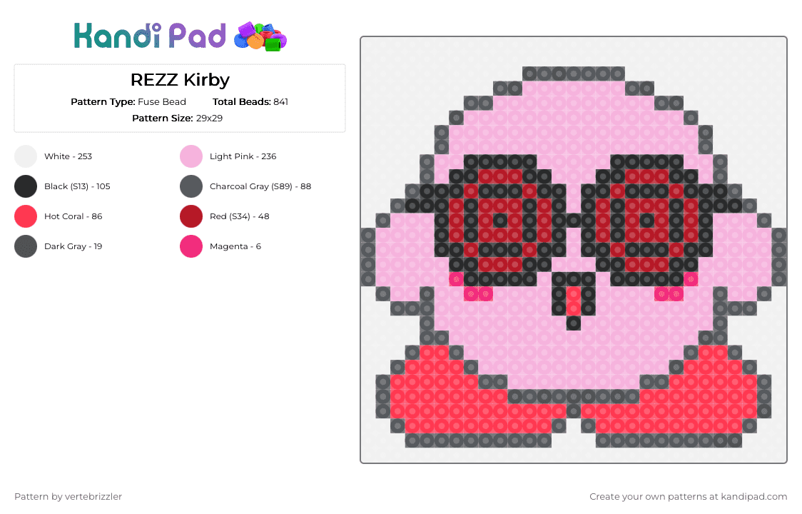 REZZ Kirby - Fuse Bead Pattern by vertebrizzler on Kandi Pad - pink