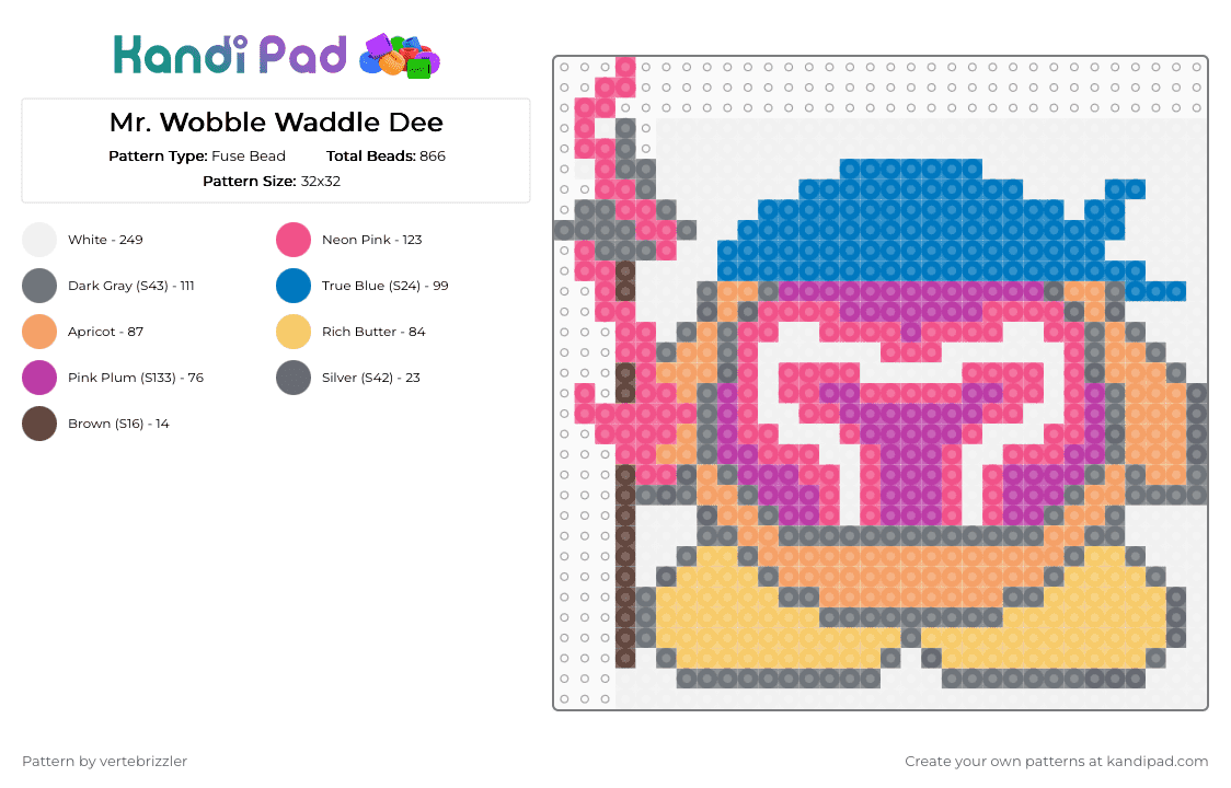 Mr. Wobble Waddle Dee - Fuse Bead Pattern by vertebrizzler on Kandi Pad - blue, gray, pink