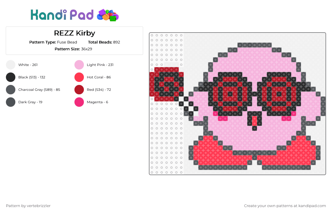 REZZ Kirby - Fuse Bead Pattern by vertebrizzler on Kandi Pad - pink
