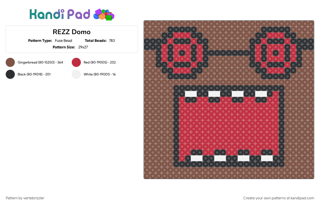 REZZ Domo - Fuse Bead Pattern by vertebrizzler on Kandi Pad - red, tan