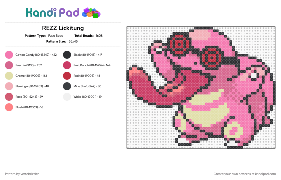 REZZ Lickitung - Fuse Bead Pattern by vertebrizzler on Kandi Pad - pink