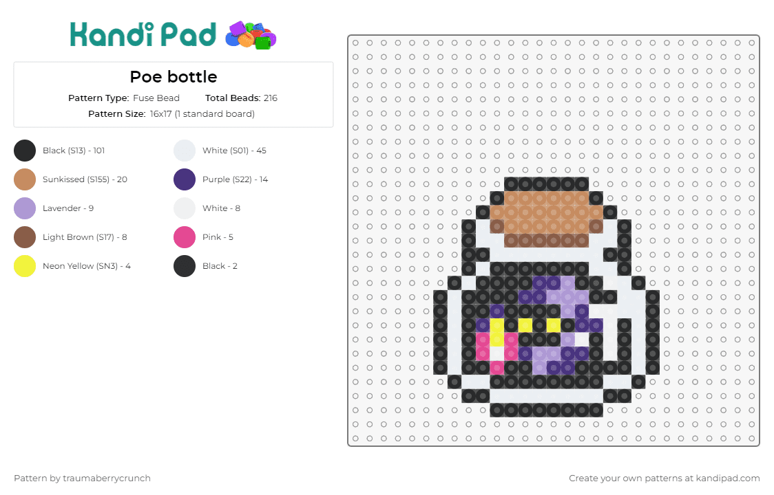 Poe bottle - Fuse Bead Pattern by traumaberrycrunch on Kandi Pad - poe,legend of zelda,magic,jar,video game,purple,tan
