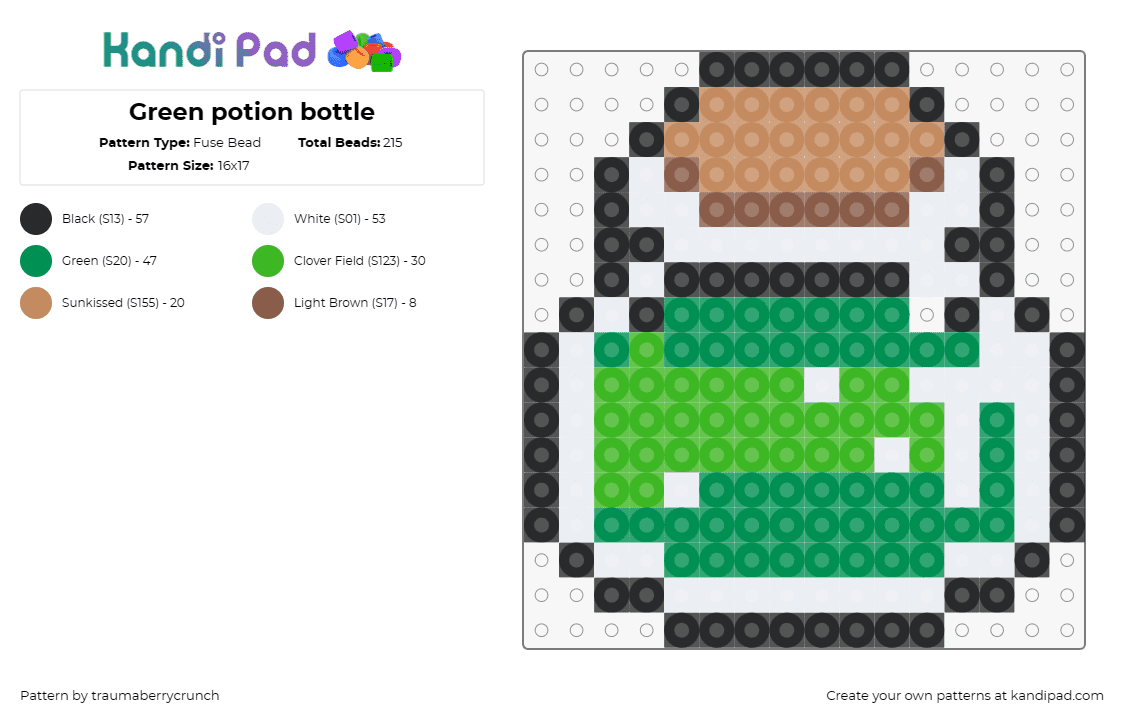 Green potion bottle - Fuse Bead Pattern by traumaberrycrunch on Kandi Pad - potion,legend of zelda,magic,jar,video game,green,tan