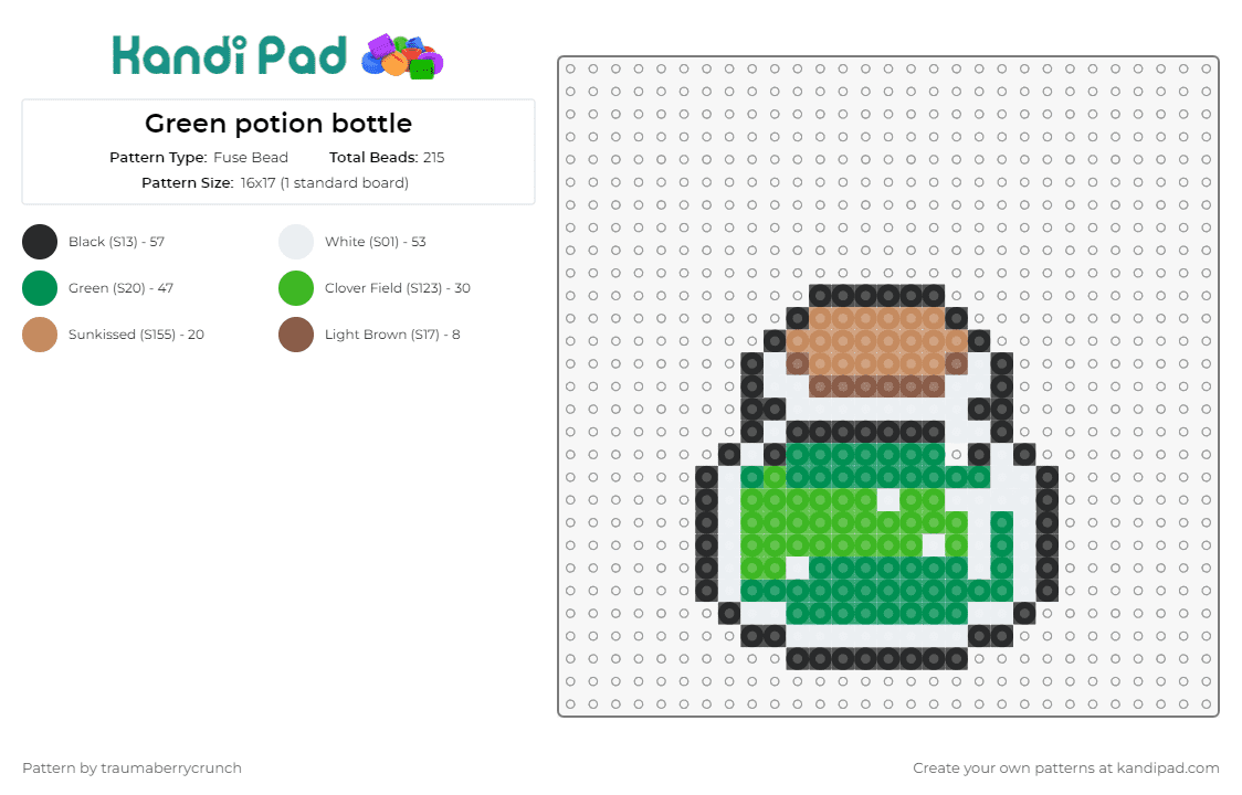Green potion bottle - Fuse Bead Pattern by traumaberrycrunch on Kandi Pad - potion,legend of zelda,magic,jar,video game,green,tan