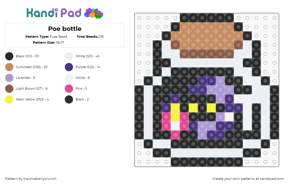 Poe bottle - Fuse Bead Pattern by traumaberrycrunch on Kandi Pad - poe,legend of zelda,magic,jar,video game,purple,tan