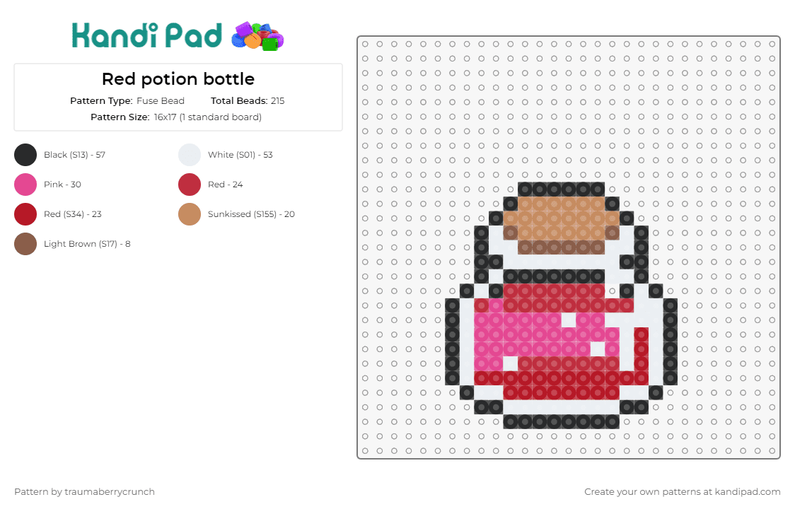Red potion bottle - Fuse Bead Pattern by traumaberrycrunch on Kandi Pad - potion,legend of zelda,magic,jar,video game,red,tan