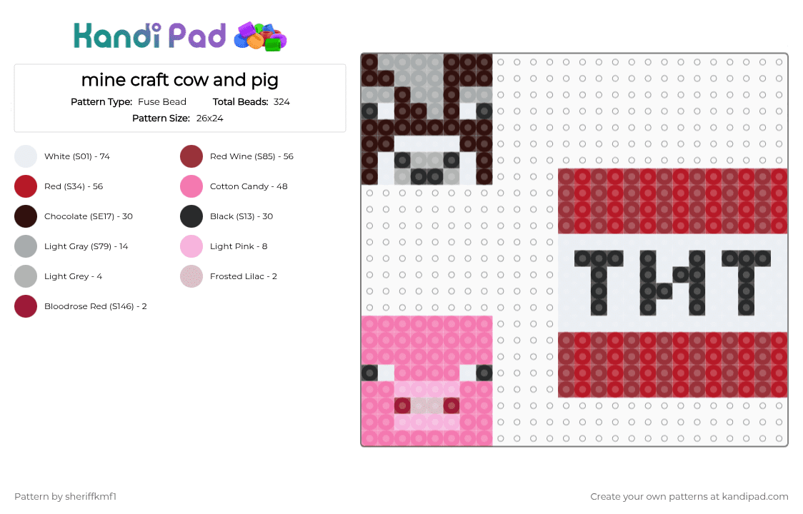 mine craft cow and pig - Fuse Bead Pattern by sheriffkmf1 on Kandi Pad - pink, red