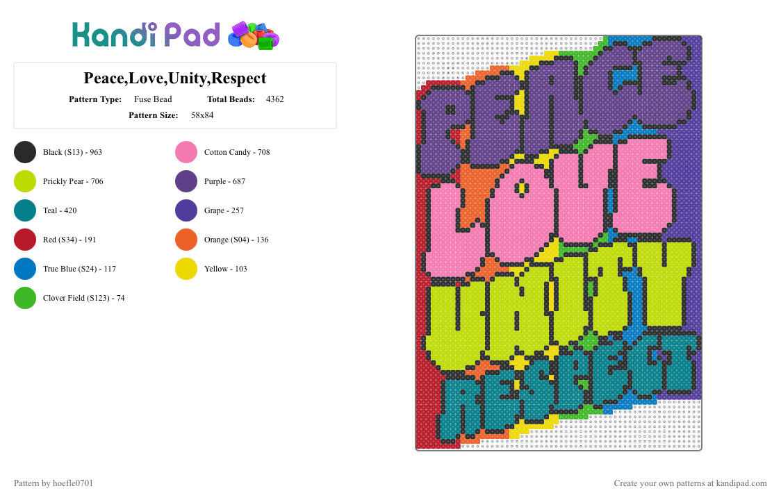 Peace,Love,Unity,Respect - Fuse Bead Pattern by hoefle0701 on Kandi Pad - pink,purple,green,teal