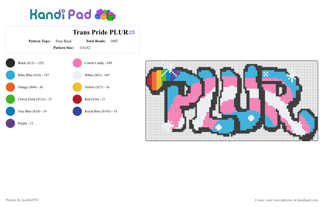 Trans Pride PLUR🏳️‍⚧️ - Fuse Bead Pattern by hoefle0701 on Kandi Pad - light blue,pink