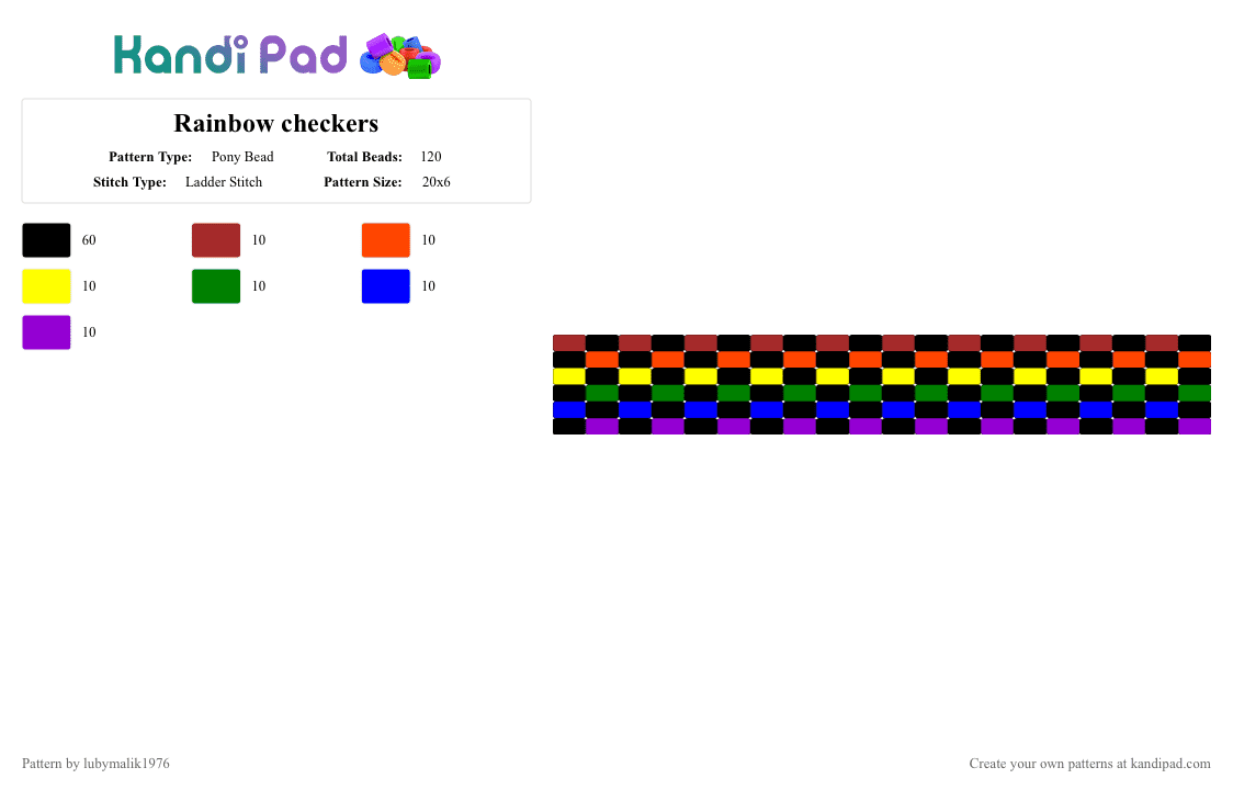 Rainbow checkers - Pony Bead Pattern by lubymalik1976 on Kandi Pad - black,red,purple,cotdparty
