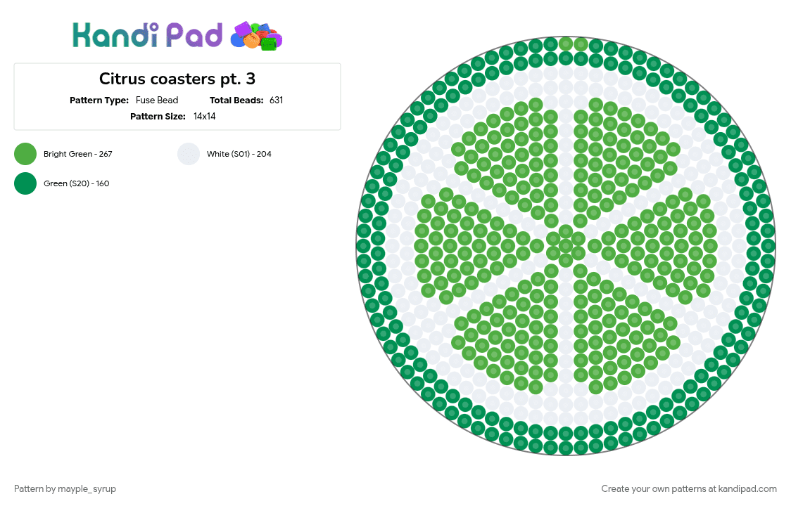 Citrus coasters pt. 3- Lime - Fuse Bead Pattern by mayple_syrup on Kandi Pad - citrus, coaster, cotdfruit, green, lime, series, white