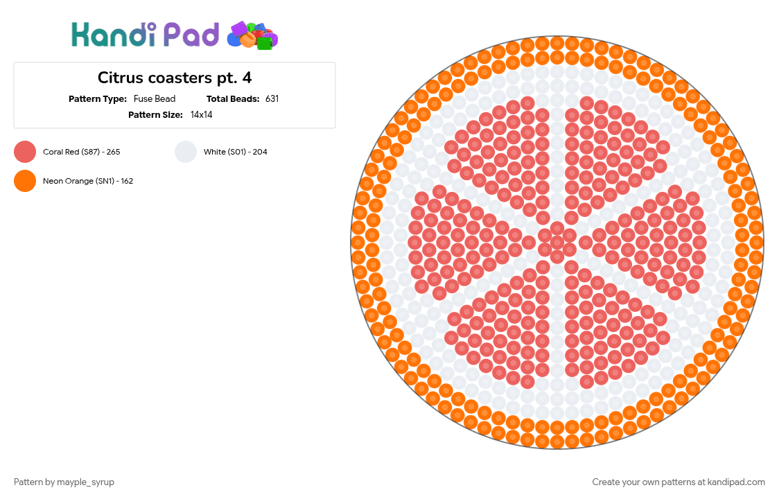 Citrus coasters pt. 4- Grapefruit - Fuse Bead Pattern by mayple_syrup on Kandi Pad - citrus, coaster, cotdfruit, grapefruit, orange, red, series