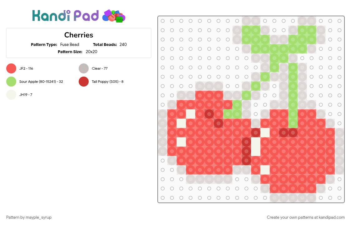 Cherries - Fuse Bead Pattern by mayple_syrup on Kandi Pad - beige, cherry, cotdfarmersmarket, cute, food, fruit, red