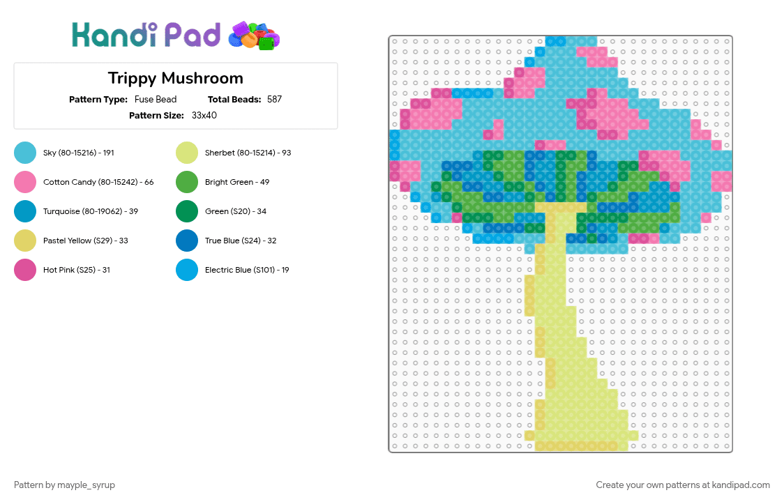 Trippy Mushroom - Fuse Bead Pattern by mayple_syrup on Kandi Pad - colorful, cotdsurrealism, light blue, mushroom, trippy, yellow