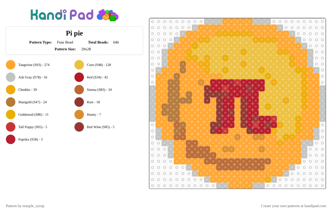 Pi pie - Fuse Bead Pattern by mayple_syrup on Kandi Pad - 31415926535897932384626433832, cotd, cotdpiecontest, food, math, orange, pi, pie, yellow