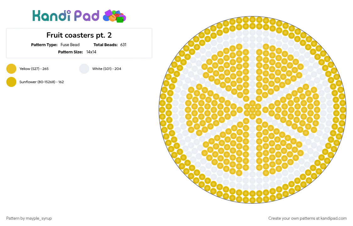 Fruit coasters pt. 2- Lemon - Fuse Bead Pattern by mayple_syrup on Kandi Pad - coaster, cotdfruit, lemon, series, white, yellow