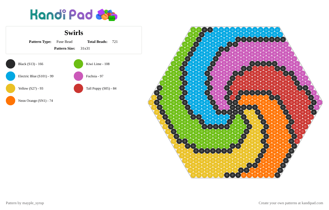 Swirls CotD - Fuse Bead Pattern by mayple_syrup on Kandi Pad - yellow,green,light blue,pink,cotdswirls,rainbow,swirls,colorful
