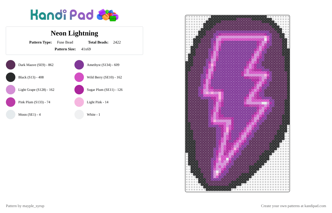 Neon Lightning - Fuse Bead Pattern by mayple_syrup on Kandi Pad - cotd, cotdlightning, lightning, neon, purple