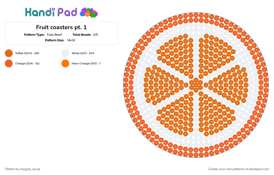 Fruit coasters pt. 1- Orange - Fuse Bead Pattern by mayple_syrup on Kandi Pad - citrus, cotdfruit, orange, series, white