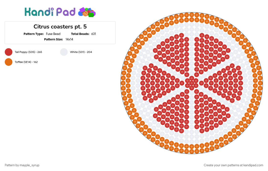 Citrus coasters pt. 5- Blood Orange - Fuse Bead Pattern by mayple_syrup on Kandi Pad - blood orange, citrus coaster, cotdfruit, orange, red, series