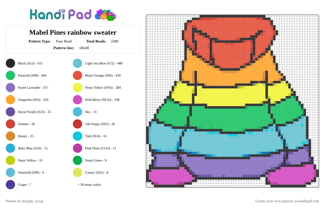 Mabel Pines rainbow sweater - Fuse Bead Pattern by mayple_syrup on Kandi Pad - blue, colorful, cosplay, cotd, cotdcosplay, green, mabel, mabel pines, pink, rainbow, red, yellow