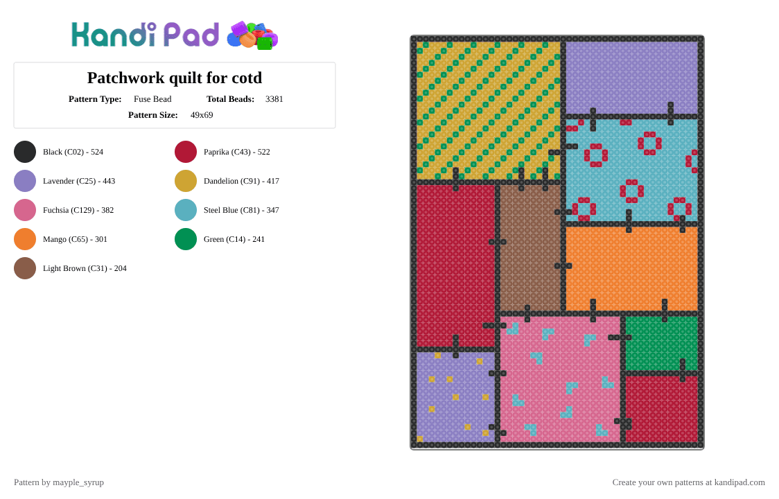Patchwork quilt for cotd - Fuse Bead Pattern by mayple_syrup on Kandi Pad - orange,pink,red,cotdfill,cotd,colorblock,patchwork,quilt,colorful,fill