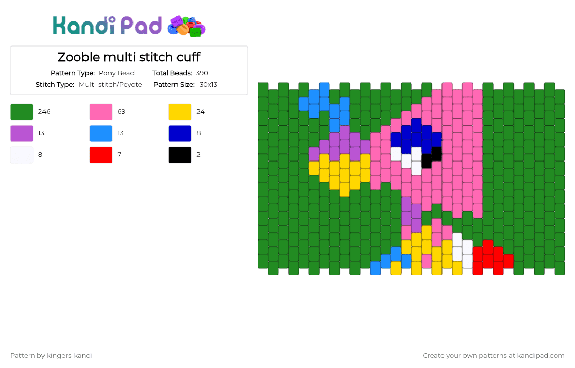 Zooble multi stitch cuff - Pony Bead Pattern by kingers-kandi on Kandi Pad - green, pink