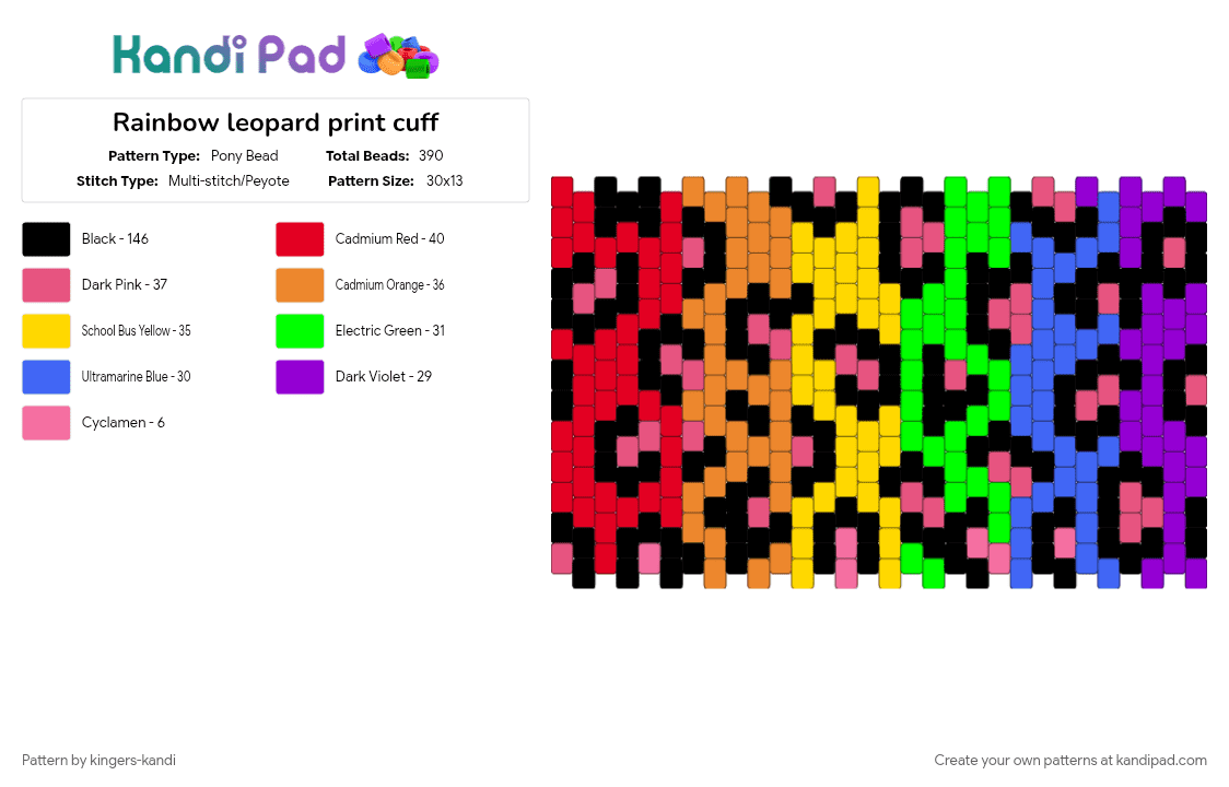 Rainbow leopard print cuff - Pony Bead Pattern by kingers-kandi on Kandi Pad - orange, pink, red, yellow