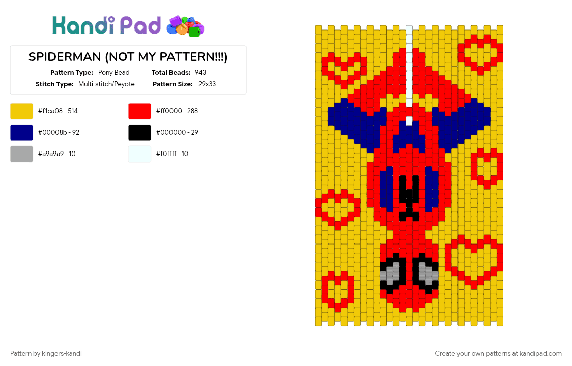 SPIDERMAN (NOT MY PATTERN!!!) - Pony Bead Pattern by kingers-kandi on Kandi Pad - red, yellow