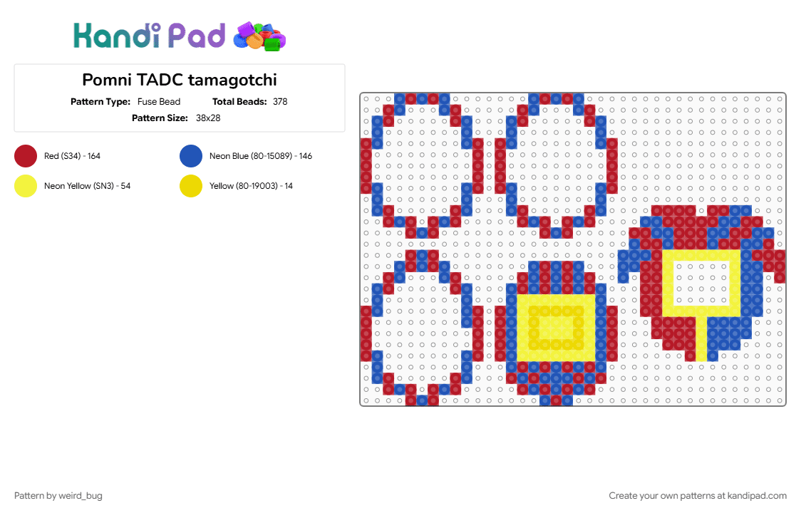 Pomni TADC tamagotchi - Fuse Bead Pattern by weird_bug on Kandi Pad - blue, perler bead tamagotchi, pomni, red, tadc, tamagotchi, the amazing digital circus
