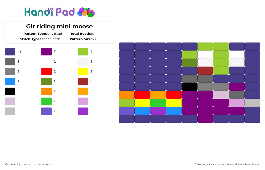 Gir riding mini moose - Pony Bead Pattern by therianprideperson on Kandi Pad - purple,green,pink,gir,charecter
