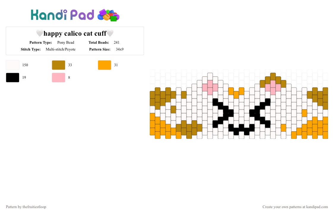 🤍happy calico cat cuff🤍 - Pony Bead Pattern by thefruitiestloop on Kandi Pad - 