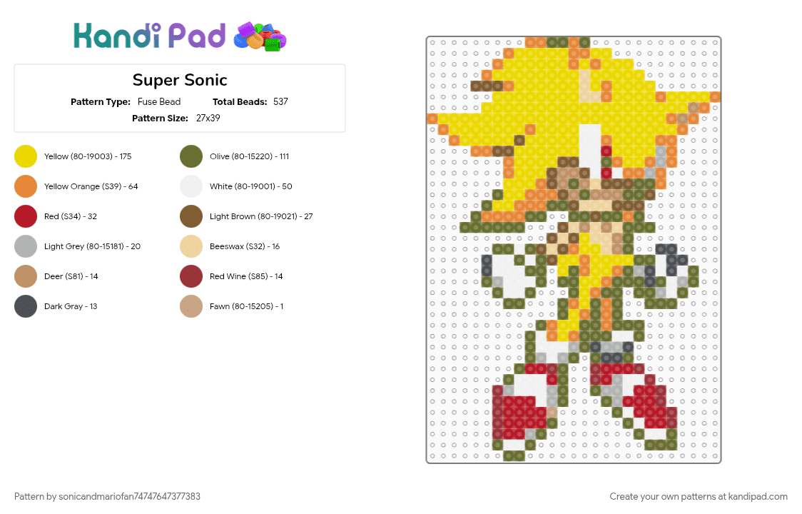 Super Sonic - Fuse Bead Pattern by sonicandmariofan74747647377383 on Kandi Pad - gold, orange, yellow