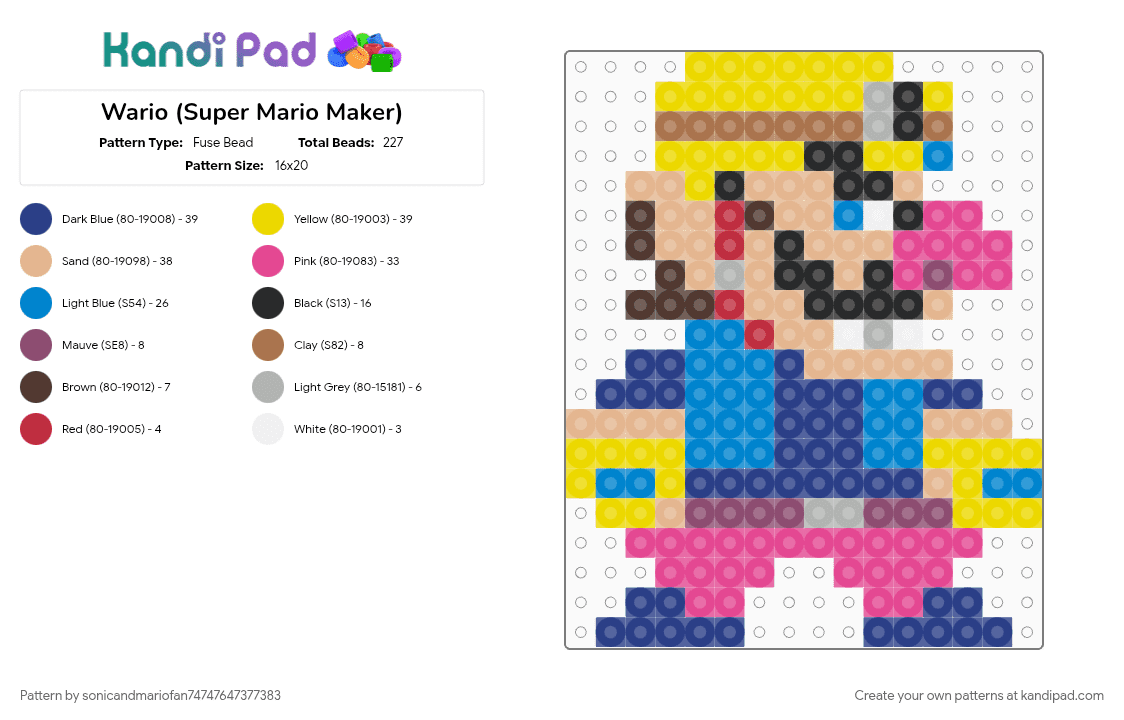 Wario (Super Mario Maker) - Fuse Bead Pattern by sonicandmariofan74747647377383 on Kandi Pad - beige, blue, pink, yellow