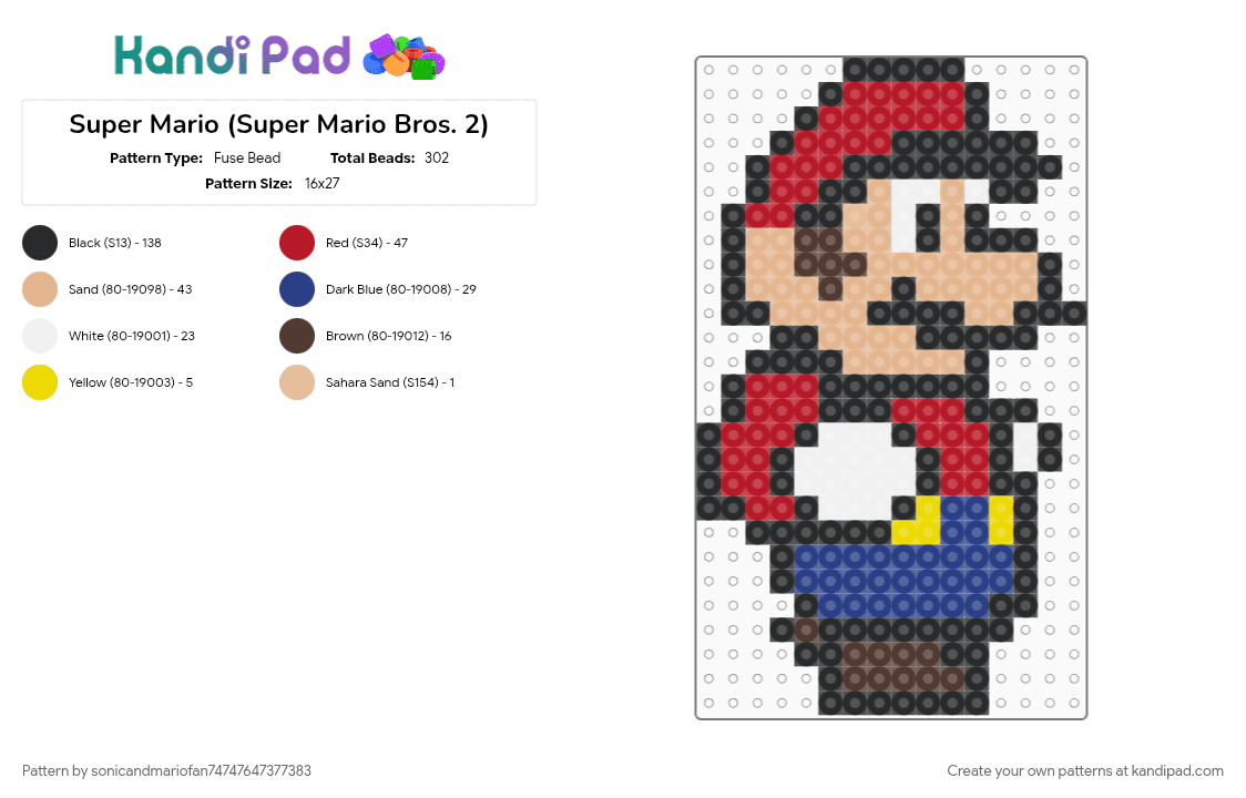 Super Mario (Super Mario Bros. 2) - Fuse Bead Pattern by sonicandmariofan74747647377383 on Kandi Pad - beige, black, blue, red