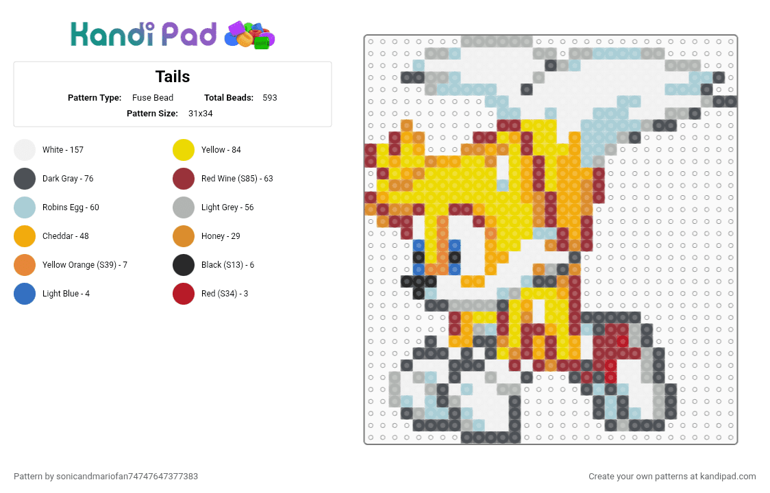 Tails - Fuse Bead Pattern by sonicandmariofan74747647377383 on Kandi Pad - beige, colorful, orange, yellow