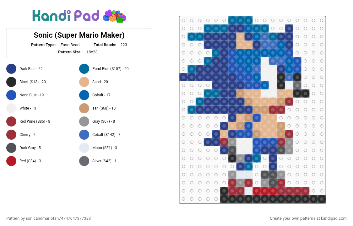 Sonic (Super Mario Maker) - Fuse Bead Pattern by sonicandmariofan74747647377383 on Kandi Pad - blue