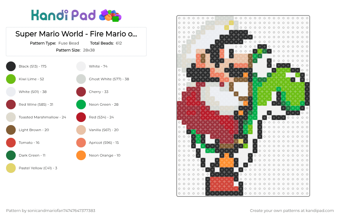 Super Mario World - Fire Mario on Yoshi - Fuse Bead Pattern by sonicandmariofan74747647377383 on Kandi Pad - beige, green, red