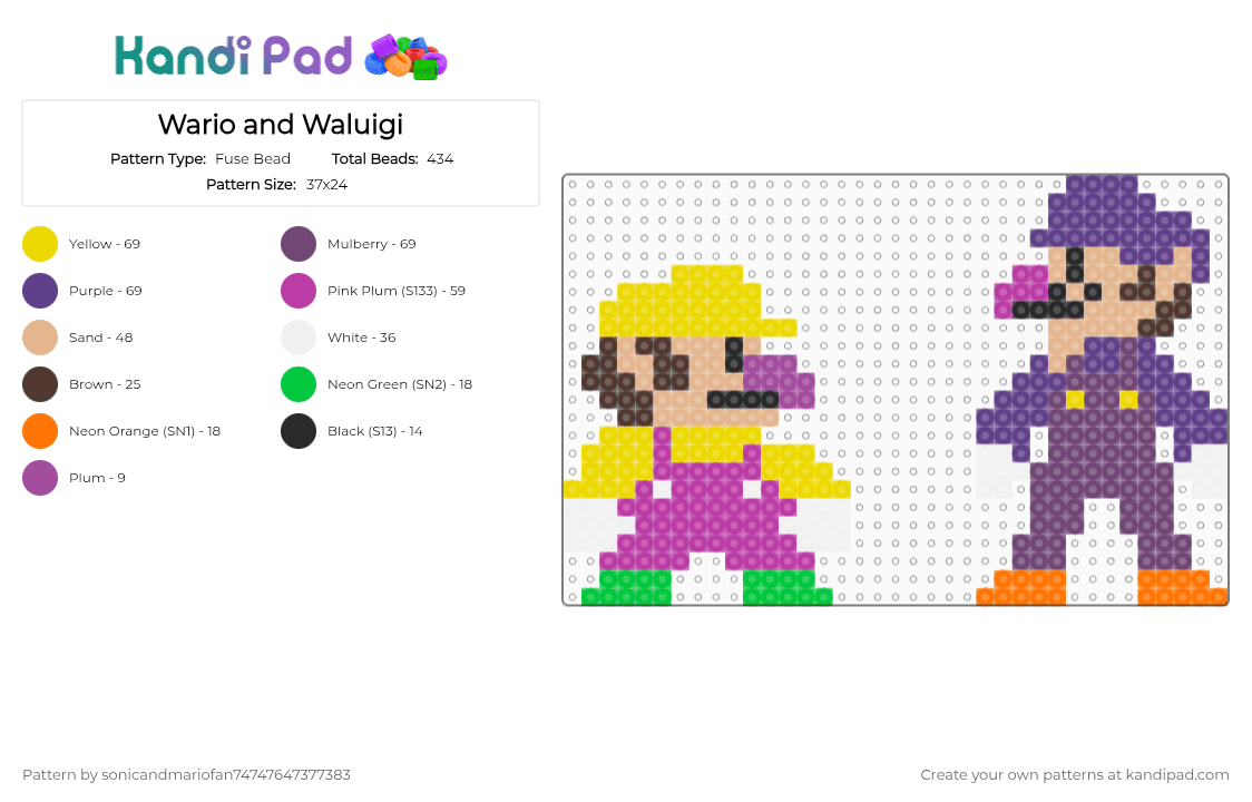 Wario and Waluigi - Fuse Bead Pattern by sonicandmariofan74747647377383 on Kandi Pad - pink,yellow,purple