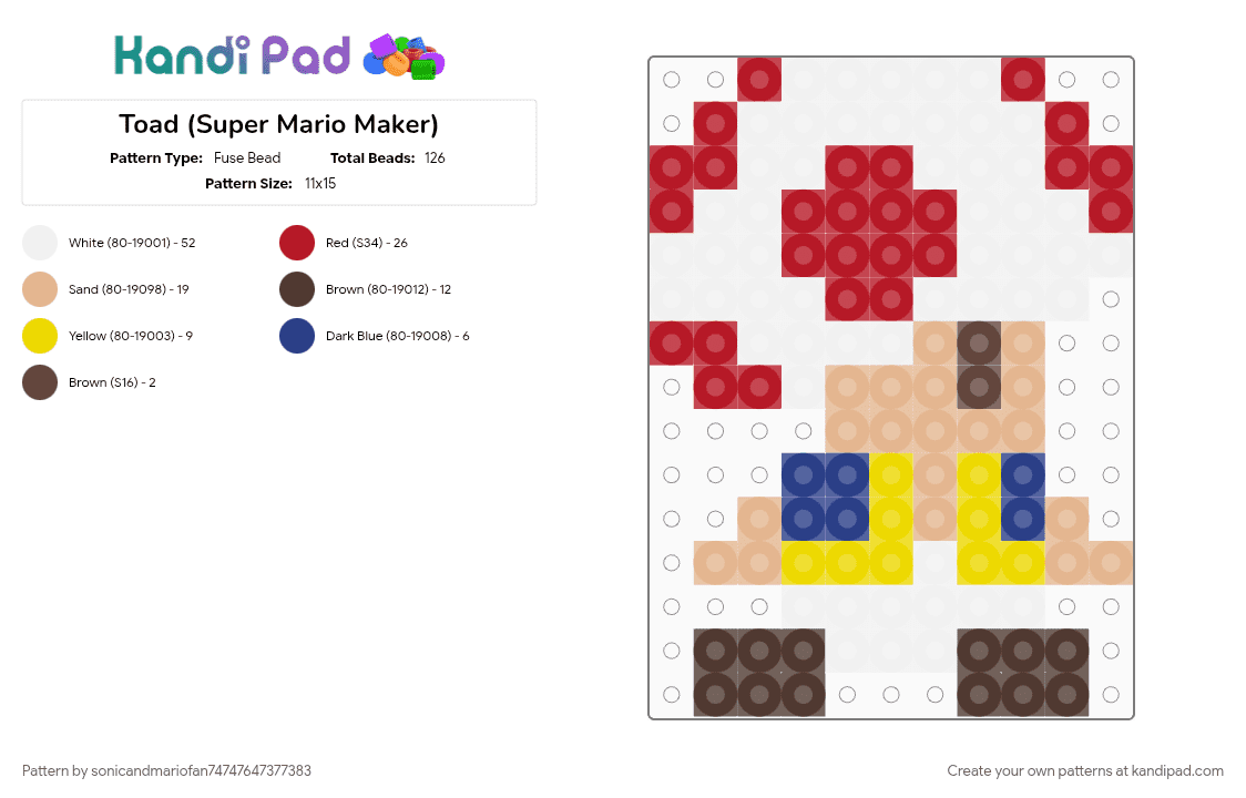 Toad (Super Mario Maker) - Fuse Bead Pattern by sonicandmariofan74747647377383 on Kandi Pad - beige, brown, red
