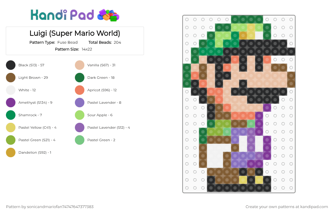 Luigi (Super Mario World) - Fuse Bead Pattern by sonicandmariofan74747647377383 on Kandi Pad - beige, green, tan