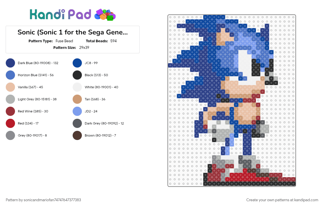 Sonic (Sonic 1 for the Sega Genesis) - Fuse Bead Pattern by sonicandmariofan74747647377383 on Kandi Pad - beige, blue