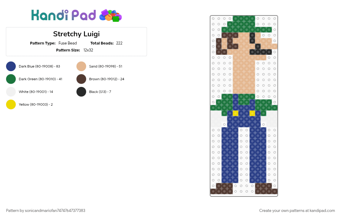 Stretchy Luigi - Fuse Bead Pattern by sonicandmariofan74747647377383 on Kandi Pad - beige, blue, green