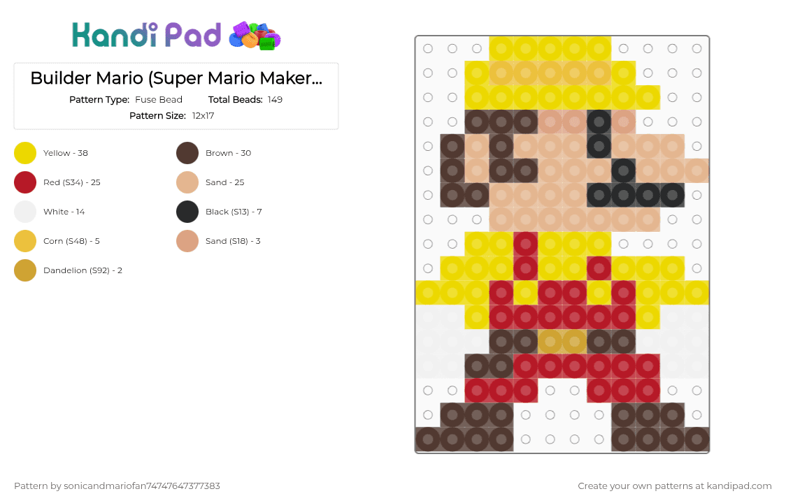 Builder Mario (Super Mario Maker/Super Mario Maker 2 - Fuse Bead Pattern by sonicandmariofan74747647377383 on Kandi Pad - brown,red,yellow,beige